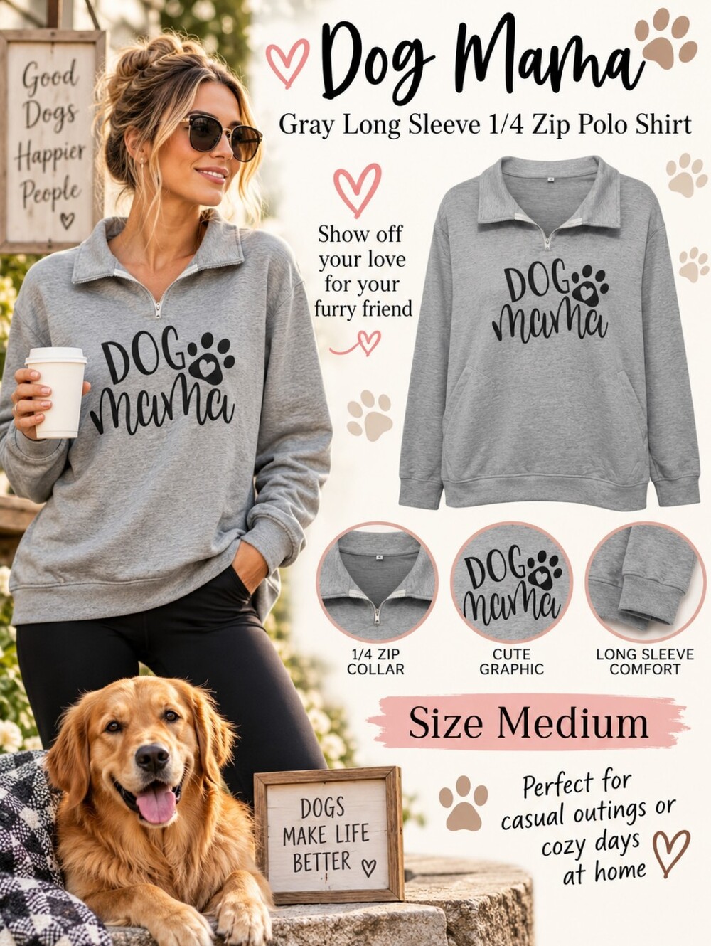 BUY NOW 'Dog Mama' Medium Gray Long Sleeve 1/4 Zip Polo Shirt